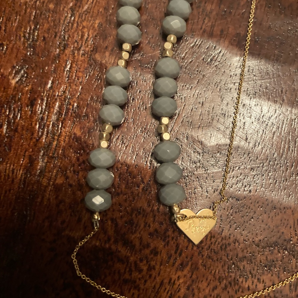 Love Poppy long gold tone with gray beads euc